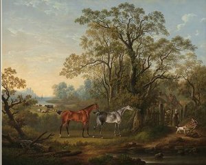 The Favourite Hunters Of Mrs Robert Townley Parker Of Cuerden Hall, Lancashire In A Wooded Coastal Landscape , 1819