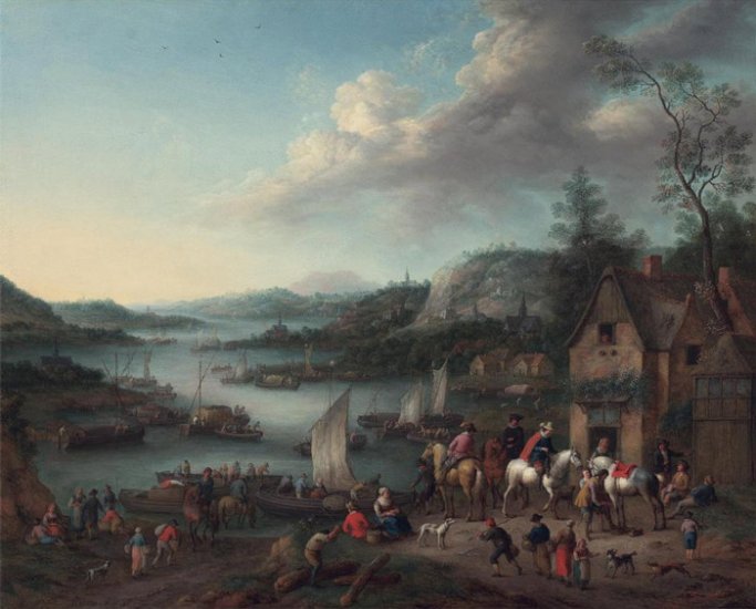 A River Landscape With Boats And Riders Halted At An Inn, 1745 - Click Image to Close