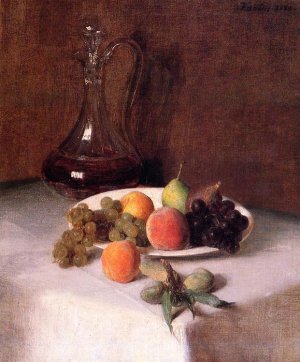 A Carafe Of Wine And Plate Of Fruit On A White Tablecloth, 1865