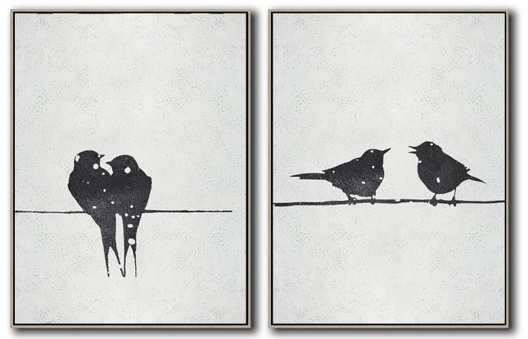 Set Of 2 Minimal Bird Art - Black and White #SOTMA0B74 - Click Image to Close