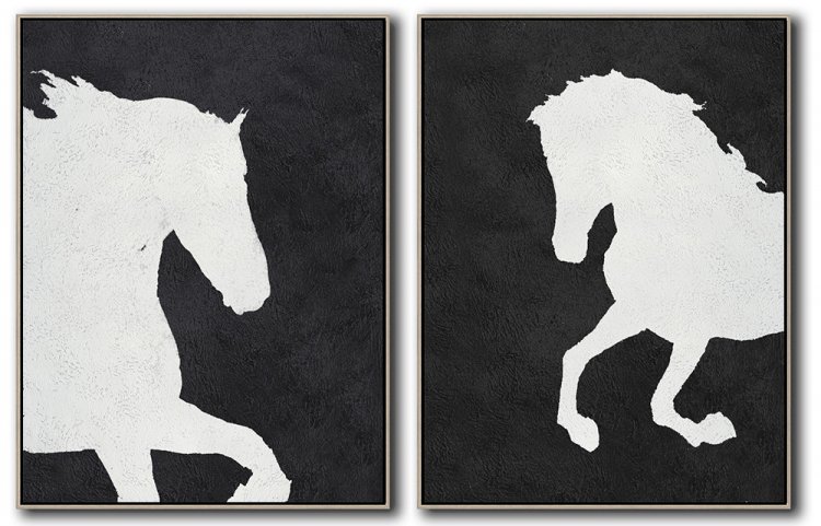 Set Of 2 Minimal Horse Art - Black and White #SOTMA0B69 - Click Image to Close