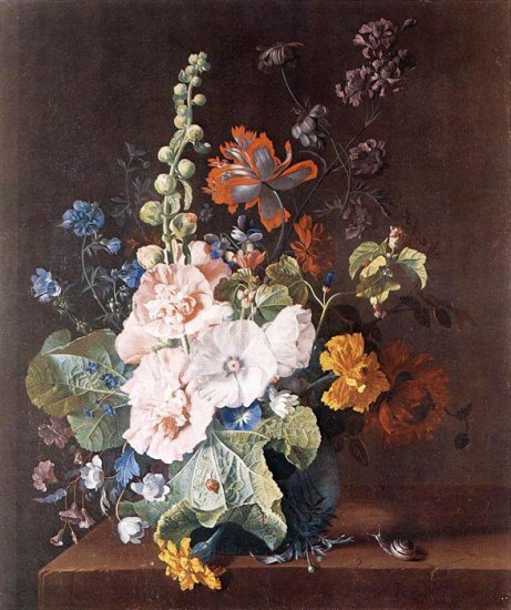 Hollyhocks And Other Flowers In A Vase, 1710 - Click Image to Close