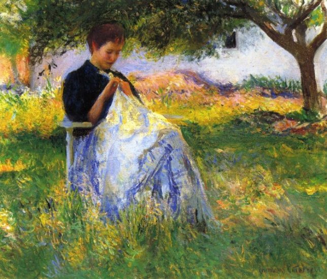 Tarbell Oil Paintings - A Girl Sewing In An Orchard - Click Image to Close