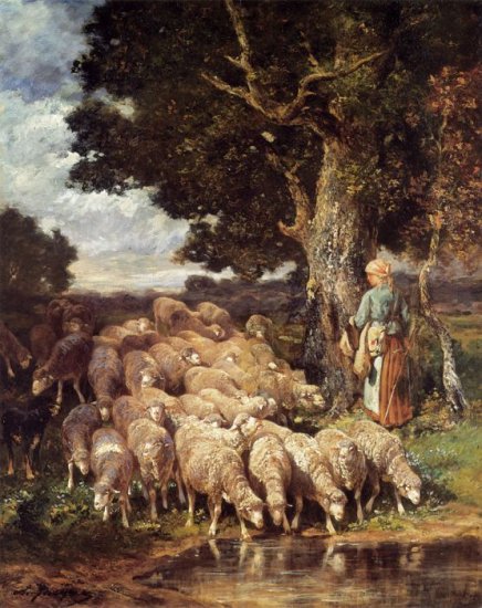 A Shepherdess With Her Flock Near A Stream - Click Image to Close