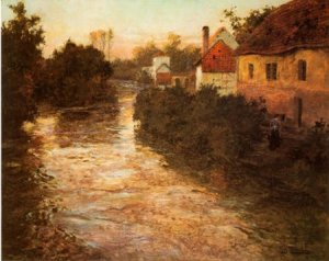 Thaulow Paintings - Village By The Stream