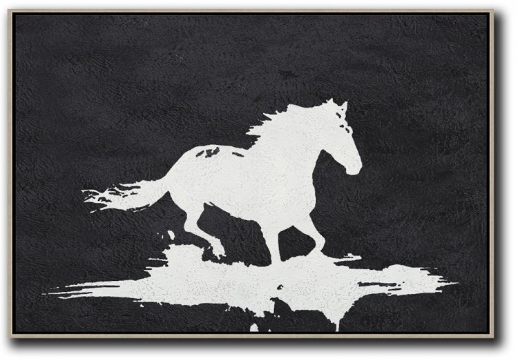 Horizontal Minimal Horse Art Painting Black and White #MPH0A33 - Click Image to Close