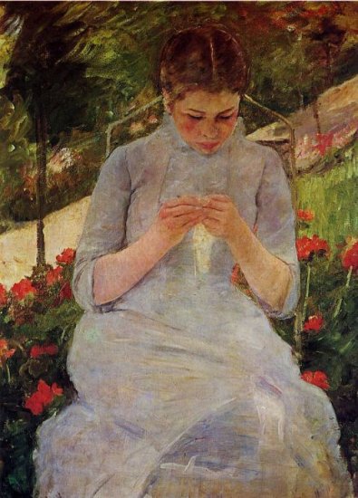 Cassatt Oil Paintings - Young Woman Sewing In A Garden - Click Image to Close