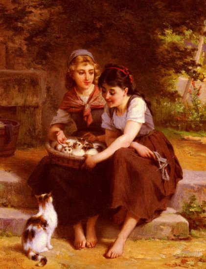 Deux Filles Avec Un Panier De Chatons [Two Girls With A Basket Of Kittens] - Click Image to Close