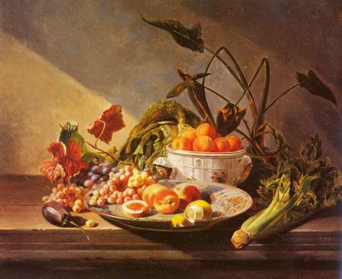 A Still Life With Fruit And Vegetables On A Table - Click Image to Close