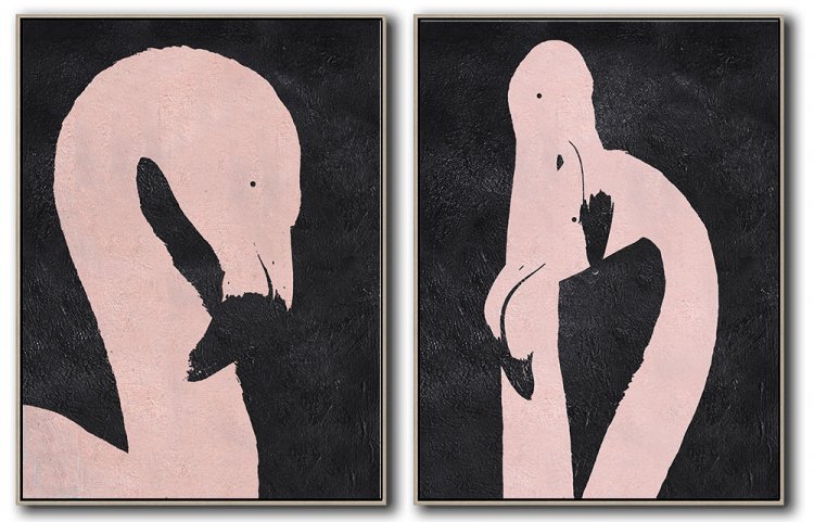 Set Of 2 Minimal Swan Art Painting - Black and White #SOTMA0B55 - Click Image to Close