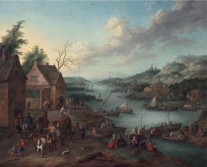 A River Landscape With Boats And A Departing Coach, 1745