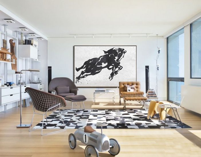 Horizontal Minimal Galloping Horse Art Painting Black and White  #MPH0A28 - Click Image to Close