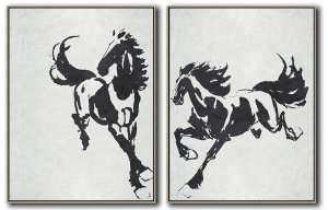 Set Of 2 Minimal Galloping Horses Painting - Black and White #SOTMA0B32