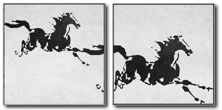 Set Of 2 Minimal Horse Art - Black and White #SOTMA0B75 - Click Image to Close