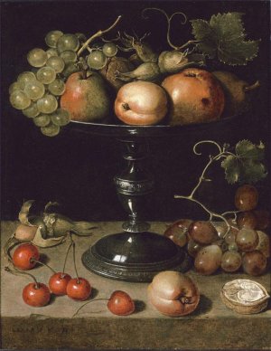 Fruit On A Tazza With Grapes, Cherries & Almonds On A Stone Ledge