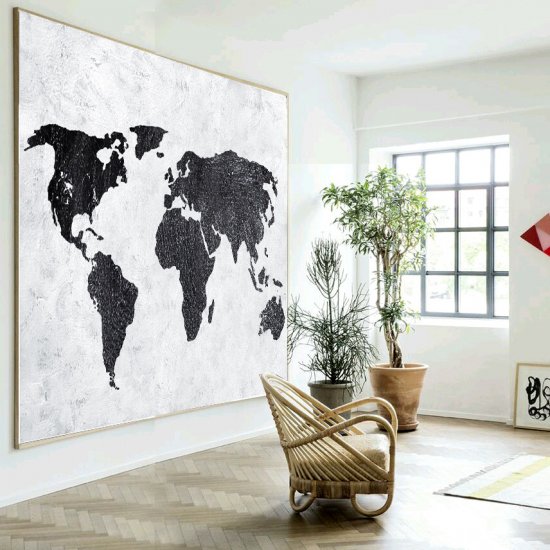 Square Minimal Large World Map Art Painting Black and White  #ADMPS0A57 - Click Image to Close