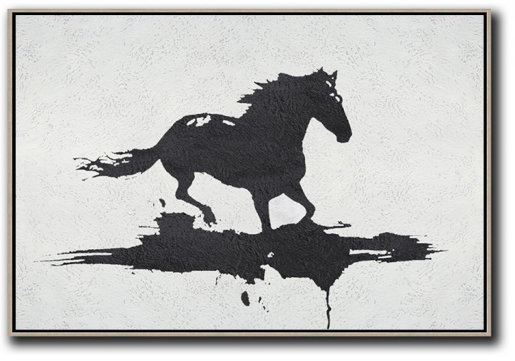 Horizontal Minimal Galloping Horse Art Painting Black and White  #MPH0A32 - Click Image to Close