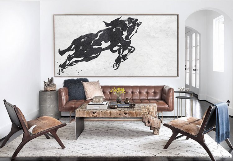 Panoramic Minimal Horse Art Painting Black and White #ADMPS0D1 - Click Image to Close