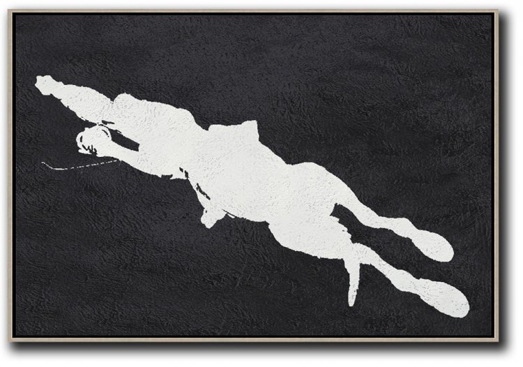 Horizontal Minimal Galloping Horse Art Painting Black and White  #MPH0A30 - Click Image to Close