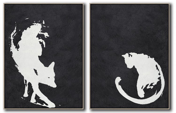 Set Of 2 Minimal Fox Art Painting - Black and White #SOTMA0B63 - Click Image to Close