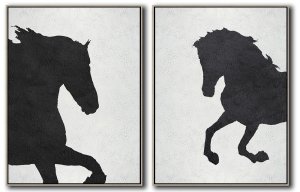 Set Of 2 Minimal Horse Art Painting - Black and White #SOTMA0B67