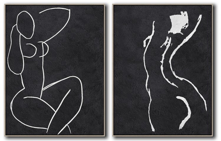 Set Of 2 Minimal Body Art Painting - Black and White #SOTMA0B39 - Click Image to Close