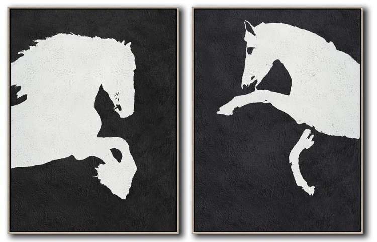 Set Of 2 Minimal Horse Art Painting - Black and White #SOTMA0B66 - Click Image to Close