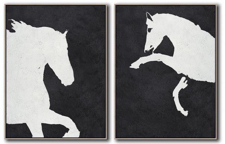 Set Of 2 Minimal Horse Art Painting - Black and White #SOTMA0B25 - Click Image to Close