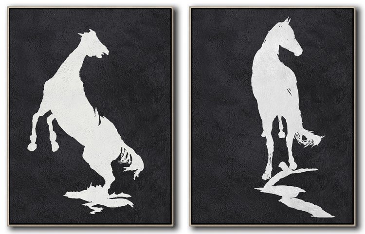 Set Of 2 Minimal Horse Art Painting - Black and White #SOTMA0B56 - Click Image to Close