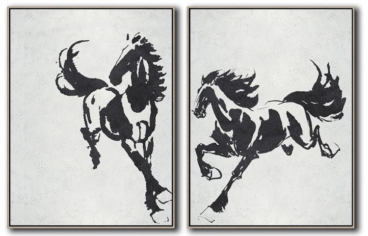 Set Of 2 Minimal Galloping Horses Painting - Black and White #SOTMA0B32 - Click Image to Close