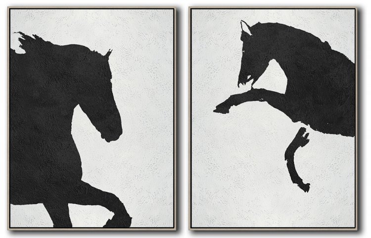 Set Of 2 Minimal Horse Art Painting - Black and White #SOTMA0B26 - Click Image to Close