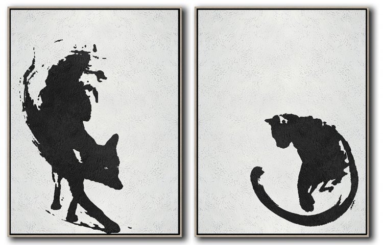 Set Of 2 Minimal Fox Art Painting - Black and White #SOTMA0B64 - Click Image to Close