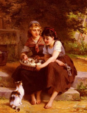 Deux Filles Avec Un Panier De Chatons [Two Girls With A Basket Of Kittens]