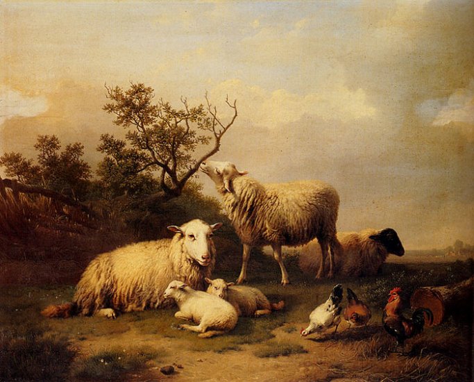 Sheep With Resting Lambs And Poultry In A Landscape, 1864 - Click Image to Close