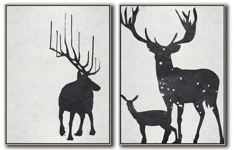 Set Of 2 Minimal Deer Art Painting - Black and White #SOTMA0B27 - Click Image to Close