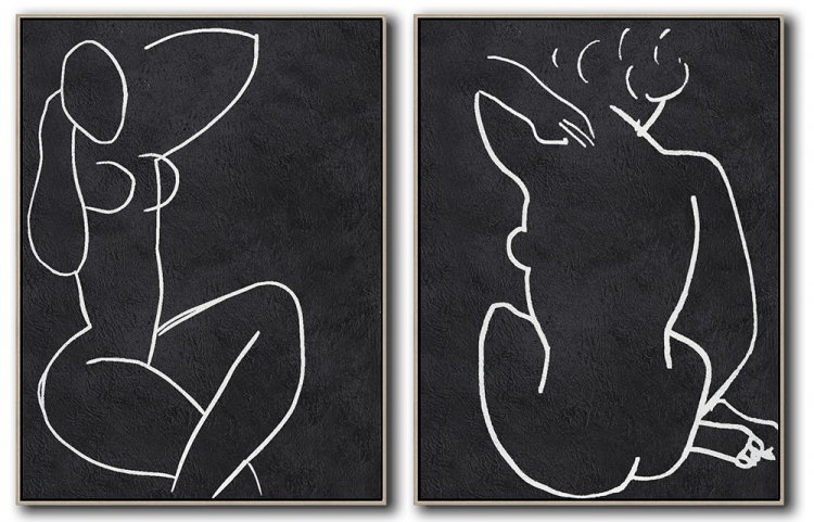 Set Of 2 Minimal Body Art Painting - Black and White #SOTMA0B37 - Click Image to Close