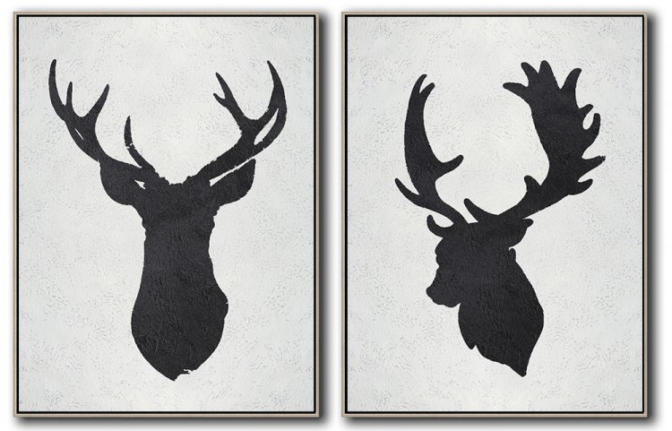 Set Of 2 Minimal Deer Art Painting - Black and White #SOTMA0B31 - Click Image to Close