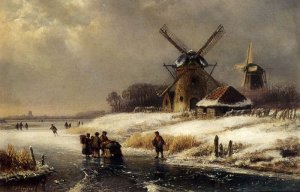 Figures On A Frozen Waterway By A Windmill