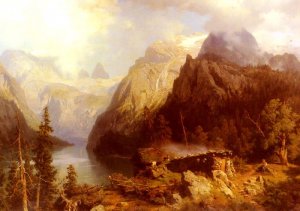 A Shepherdess And Sheep Resting By A Lake In An Alpine Landscape