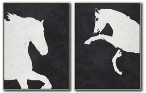 Set Of 2 Minimal Horse Art Painting - Black and White #SOTMA0B25