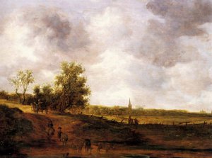 A Rural Landscape With Peasants And A Drover By A Track, A Village Beyond