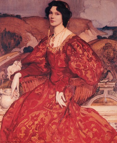 Sybil Walker In Red And Gold Dress, 1905 - Click Image to Close