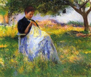 Tarbell Oil Paintings - A Girl Sewing In An Orchard