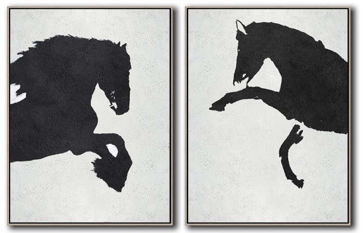 Set Of 2 Minimal Horse Art Painting - Black and White #SOTMA0B65 - Click Image to Close