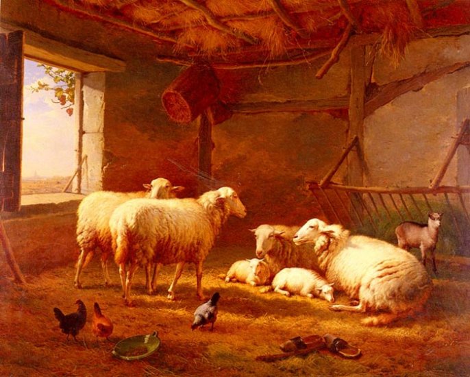 Sheep With Chickens And A Goat In A Barn, 1877 - Click Image to Close