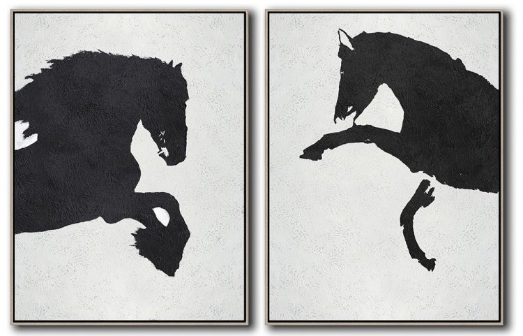 Set Of 2 Minimal Horse Art Painting - Black and White #SOTMA0A3 - Click Image to Close