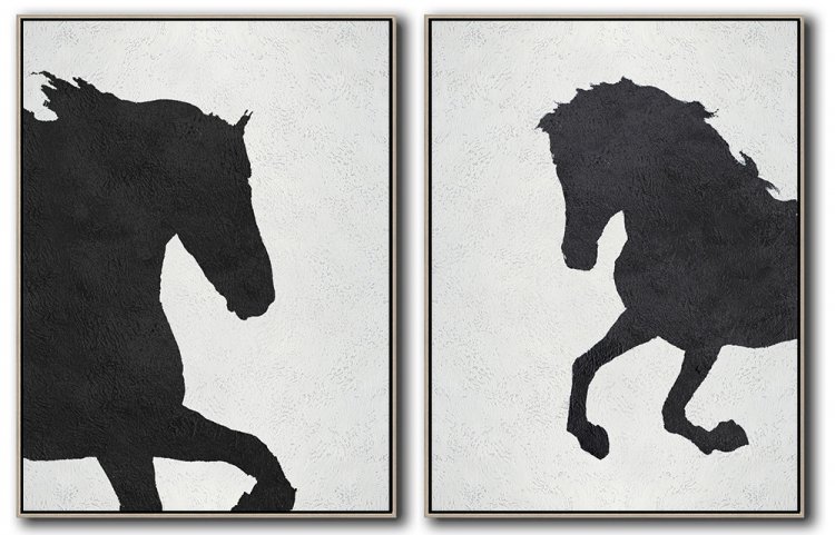 Set Of 2 Minimal Horse Art Painting - Black and White #SOTMA0B67 - Click Image to Close