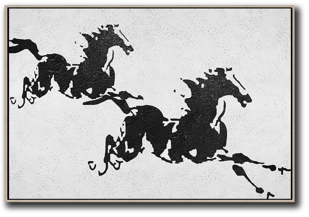 Horizontal Minimal Galloping Horses Art Painting Black and White #ADMPS0C102