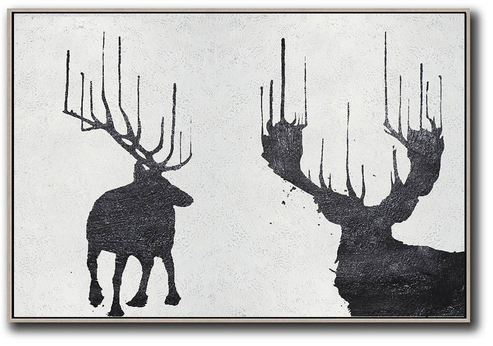 Horizontal Minimal Deer Art Painting Black and White #ADMPS0C103