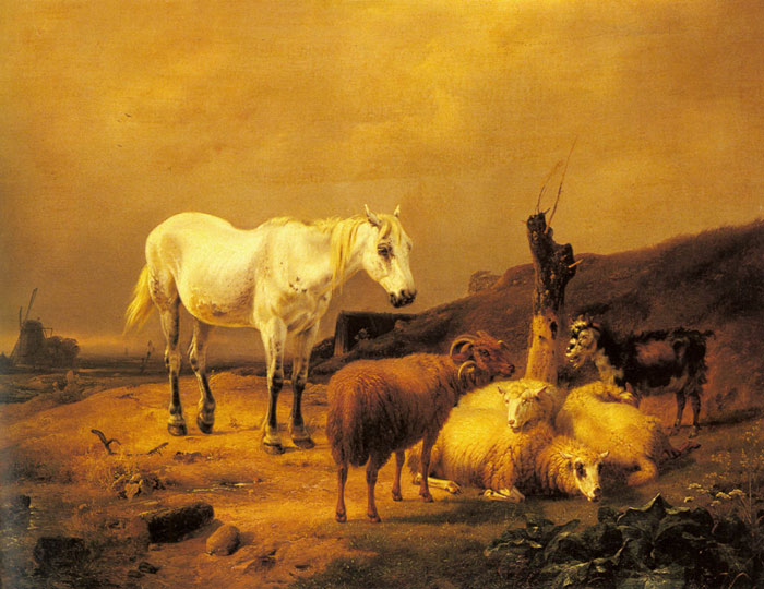 A Horse, Sheep And A Goat In A Landscape